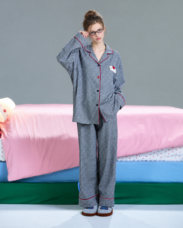 Gingham Cat-Detail Cotton Pajama Set