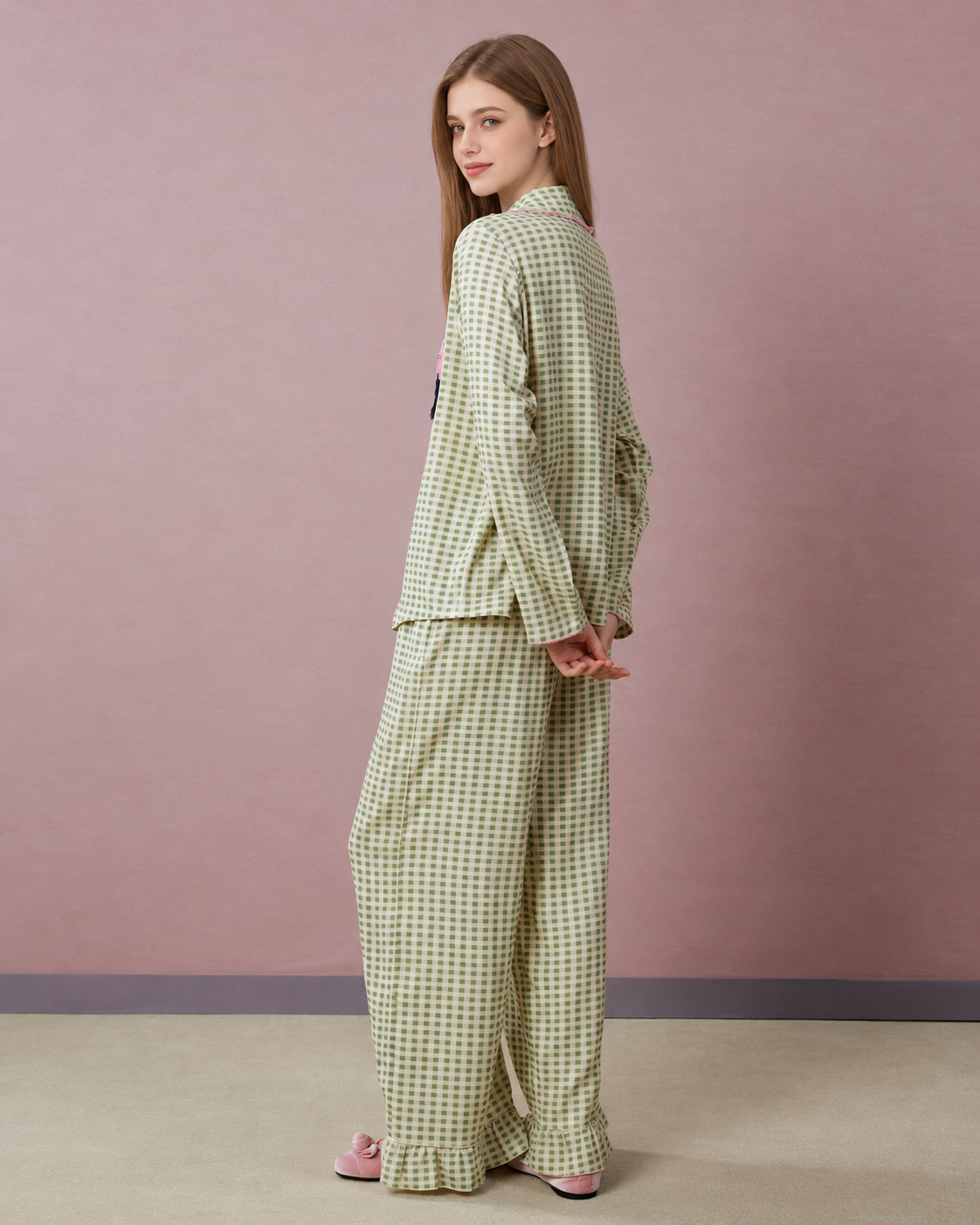 Gingham Bow Cotton Pajama Set – apple-green gingham back view and ruffled trouser hems - Roomden
