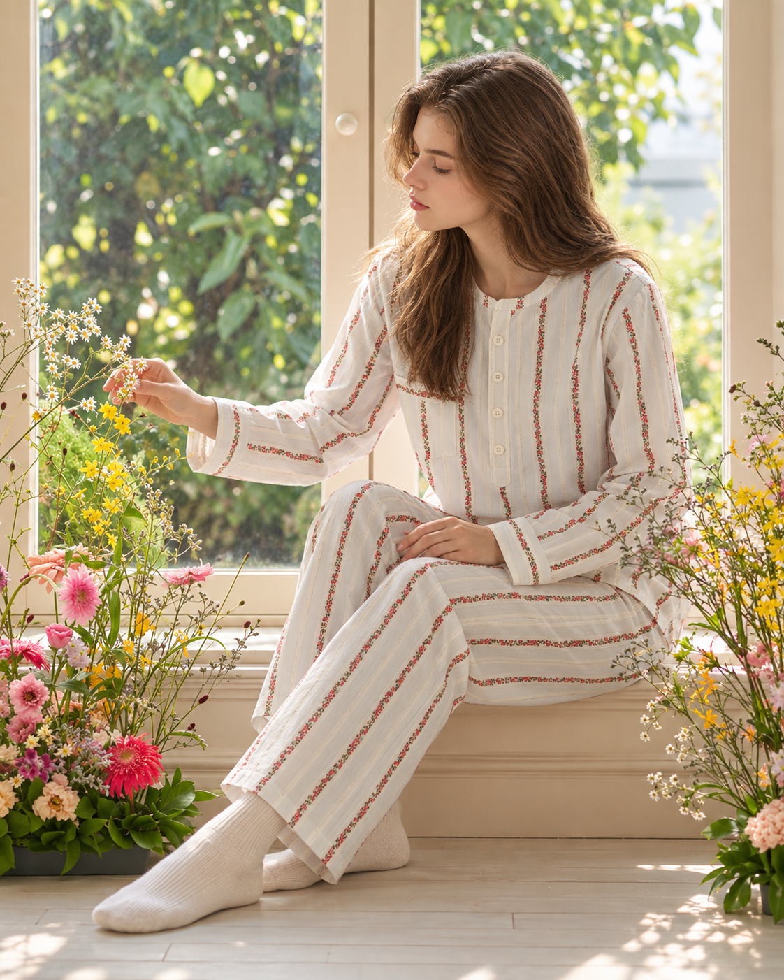 Roseledger cotton long pajama set, side-seated among flowers - Roomden