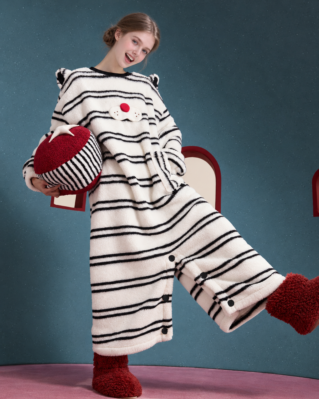 Whiskerbeat striped cat one-piece pajamas - standing raised-leg view - Roomden