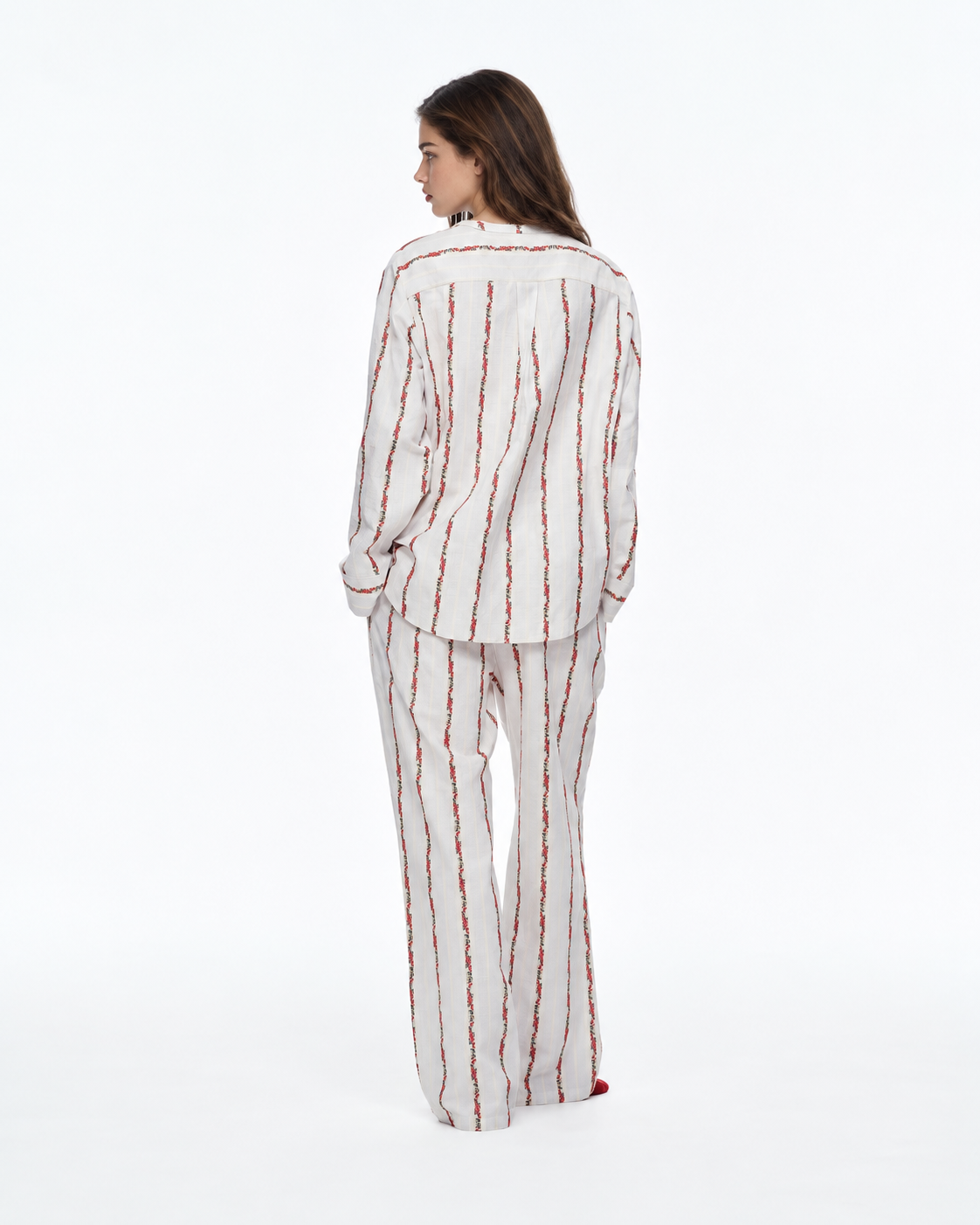 Roseledger cream cotton long pajama set with red floral stripes, back view - Roomden