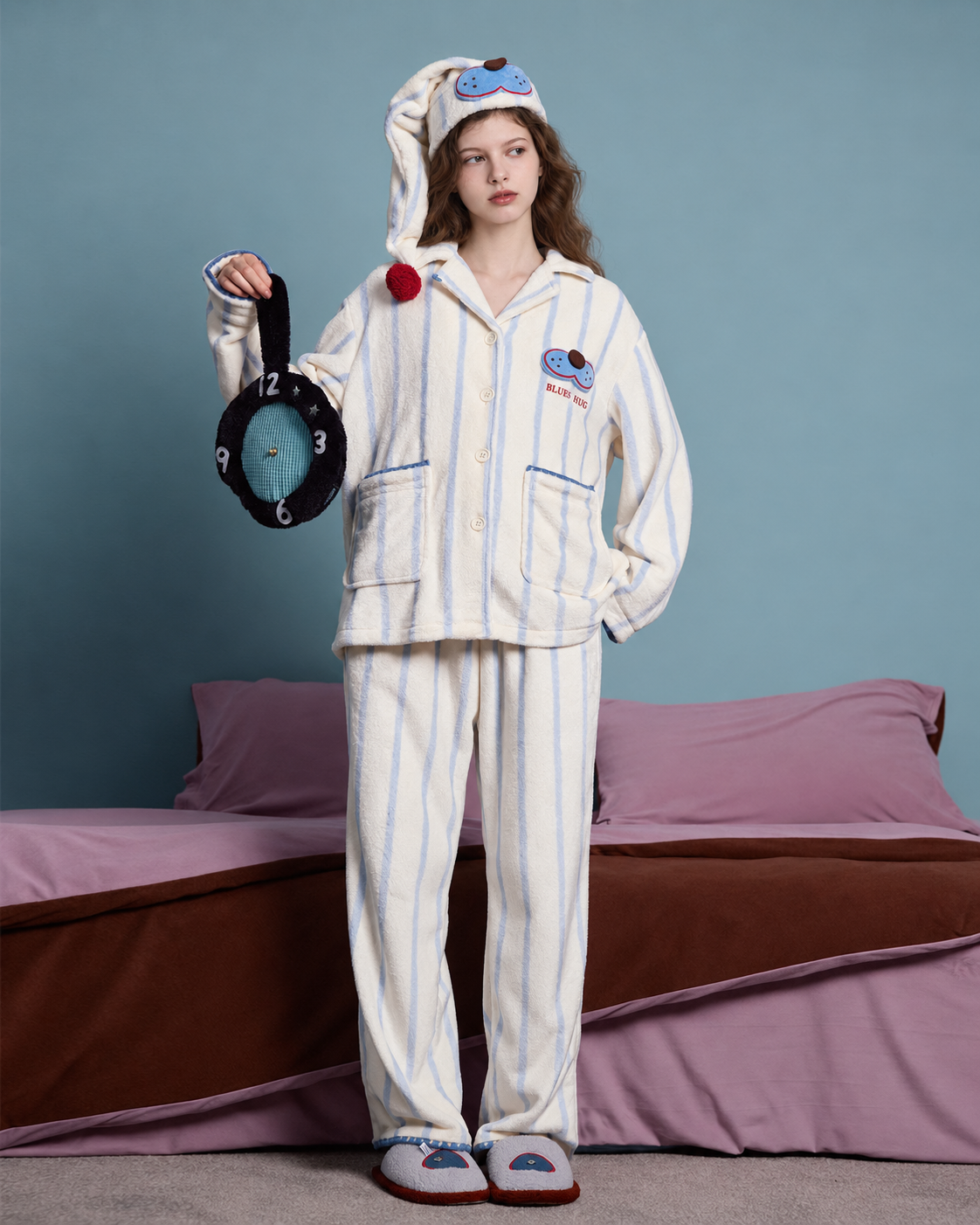 Striped Fleece Pajama Set – front full-length view with blue edging and cat motif - Roomden