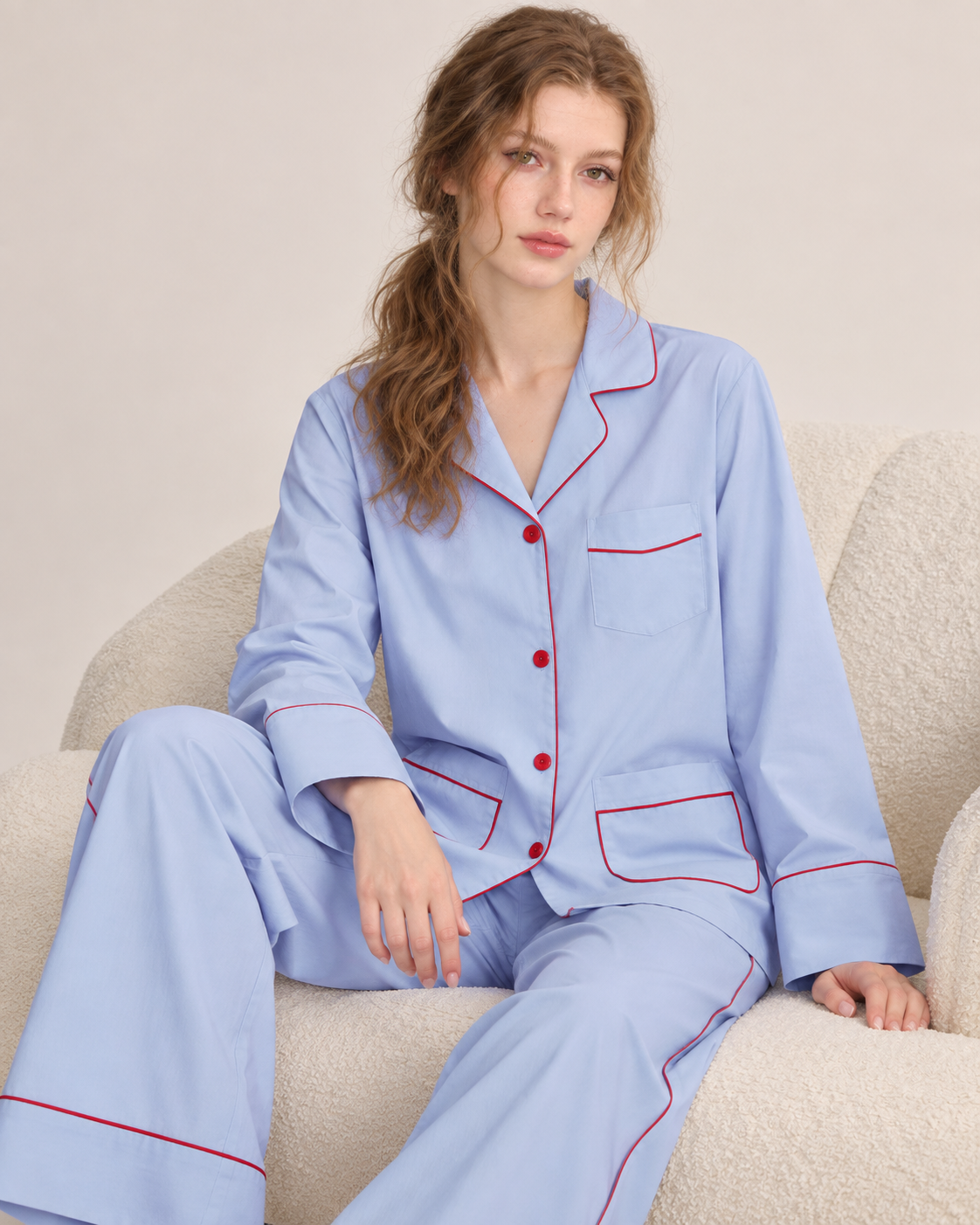 Linehaven contrast-piped pajama set in blue, alternate studio pose - Roomden