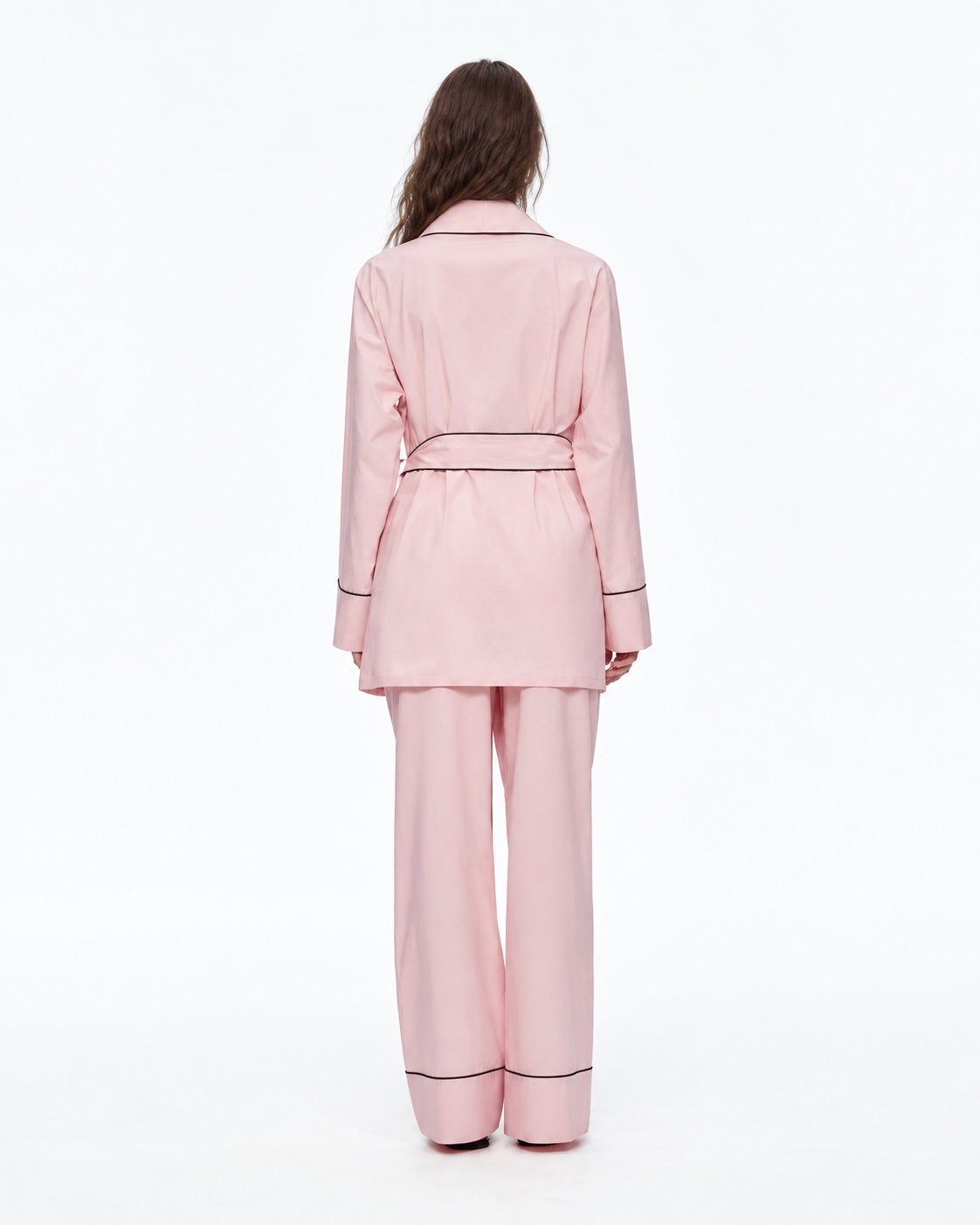 Linehaven wrap pajama set – Sakura Pink, back view in the studio - Roomden