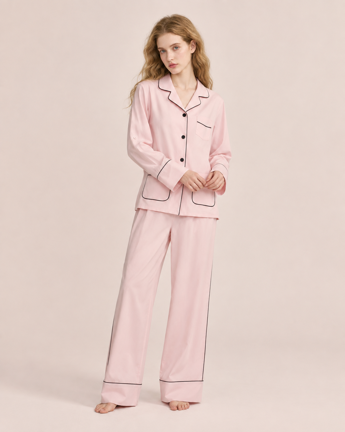 Linehaven contrast-piped pajama set in pink, alternate studio pose - Roomden