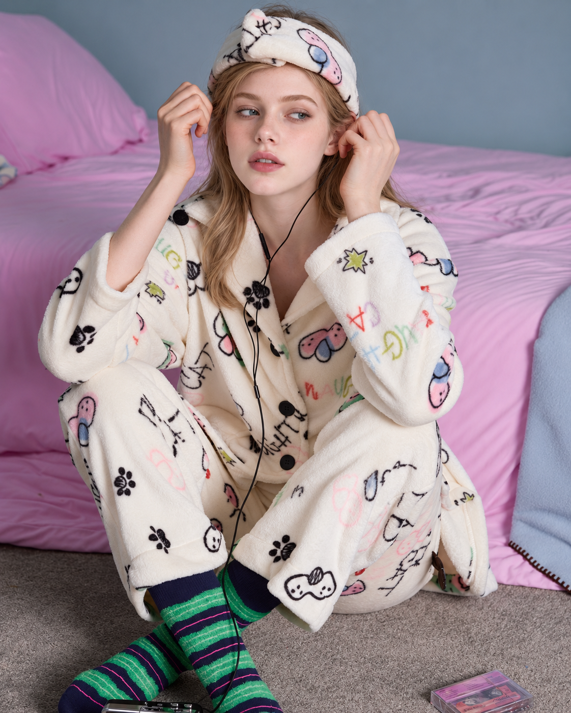 Doodlewhisk Cat Doodle Fleece Pajama Set – cream cat-print pajama set, seated wearing earphones - Roomden