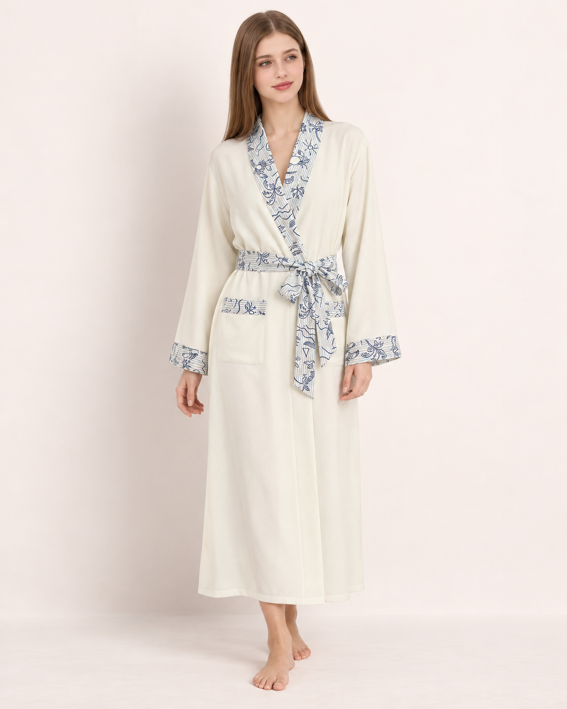 Apricot-cream Inkshore robe with blue botanical trim — studio view 5