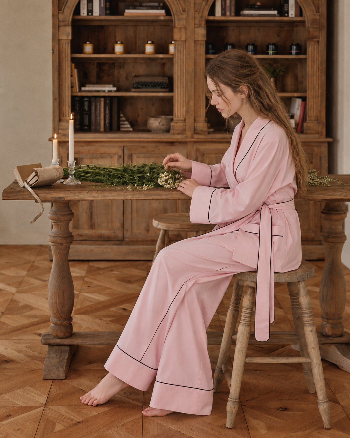 Linehaven wrap pajama set – Sakura Pink, arranging flowers at a wooden table - Roomden