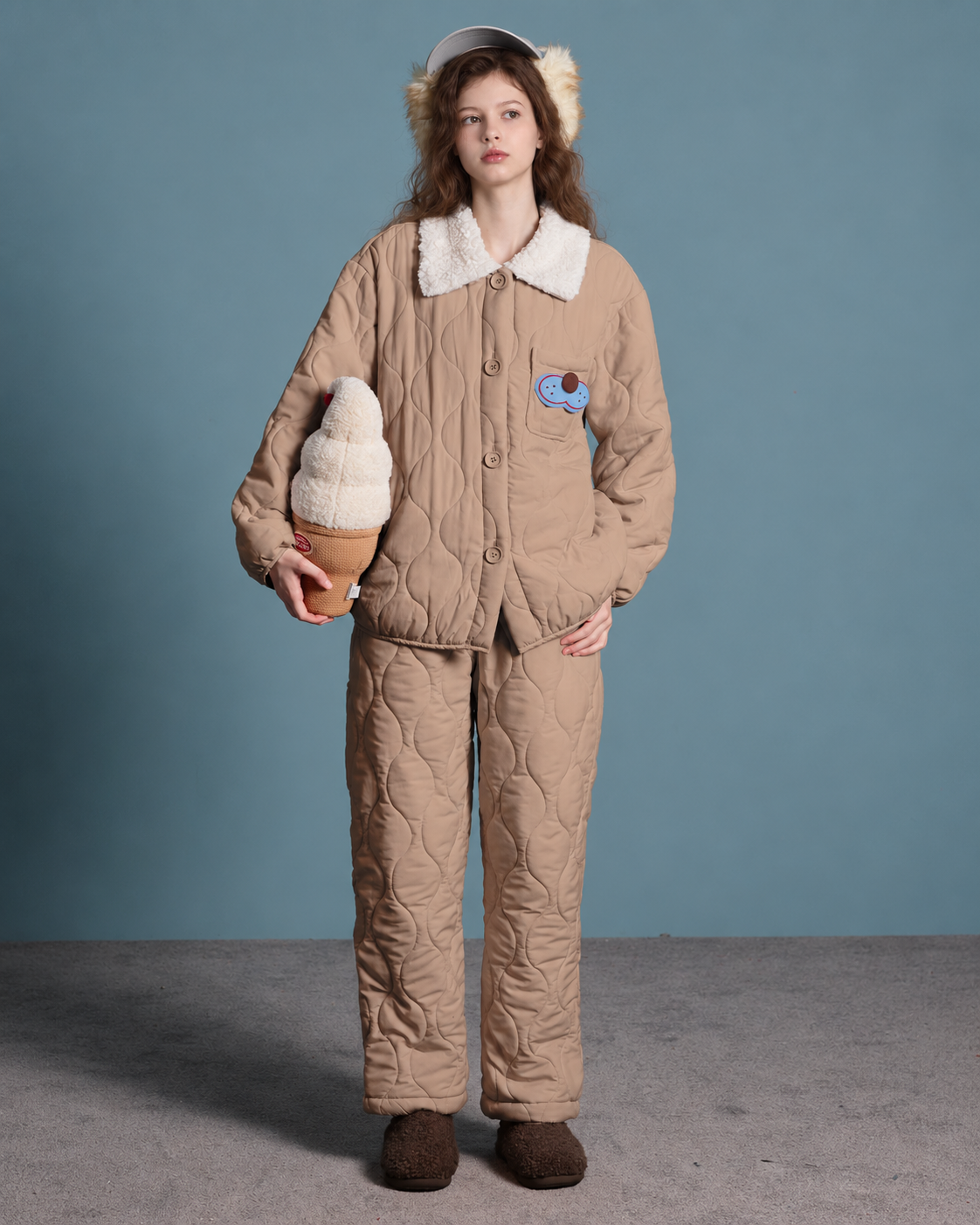 Cat Embroidery Quilted Pajama Set – khaki full-length front view - Roomden