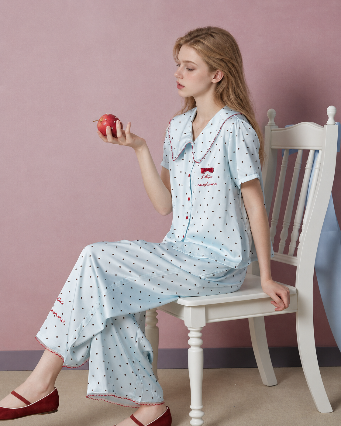 Polka Dot Pajama Set – Pale blue side seated view of the wide-leg pants - Roomden