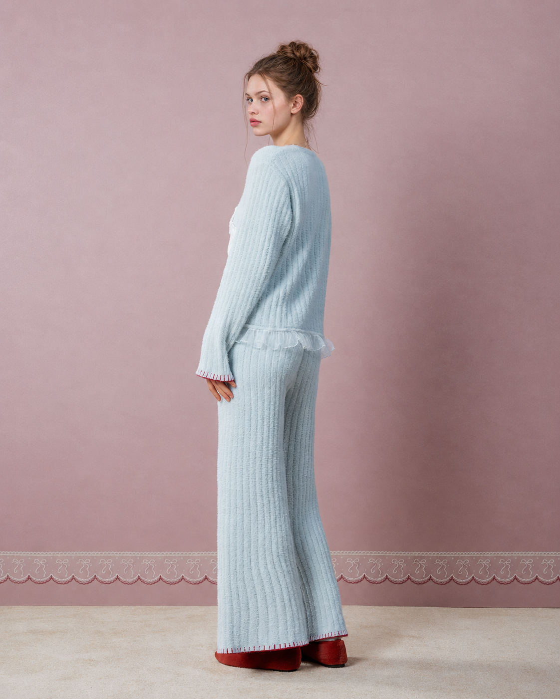 Bow-Front Textured Pajama Set – water blue back and side view with long wide-leg pants - Roomden