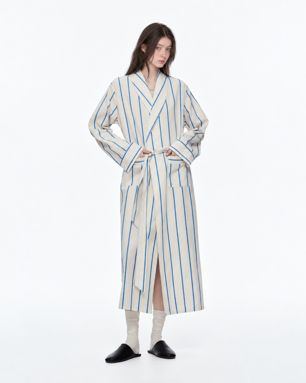 Slateway Fine-Stripe Cotton Wrap Robe – blue studio 1 - Roomden