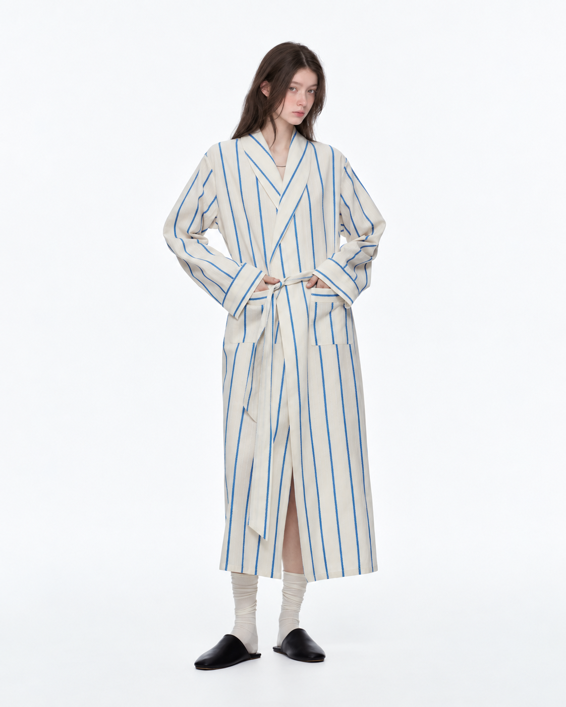Slateway Fine-Stripe Cotton Wrap Robe – blue studio 1 - Roomden