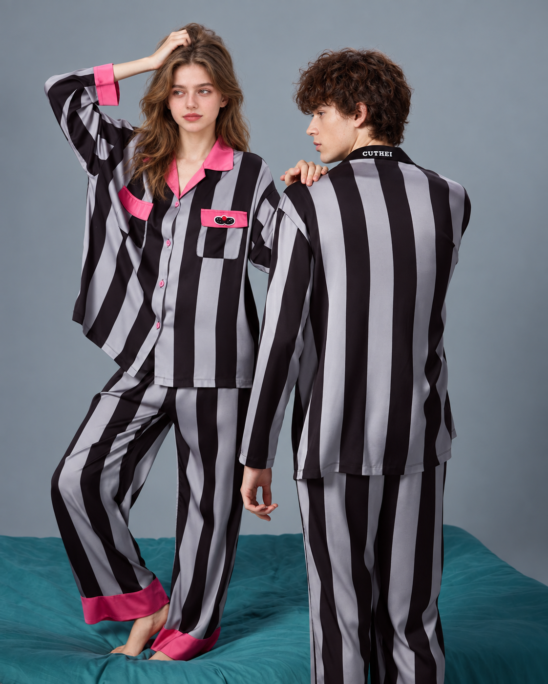 Men's striped pajama set – rear shirt and trouser view - Roomden