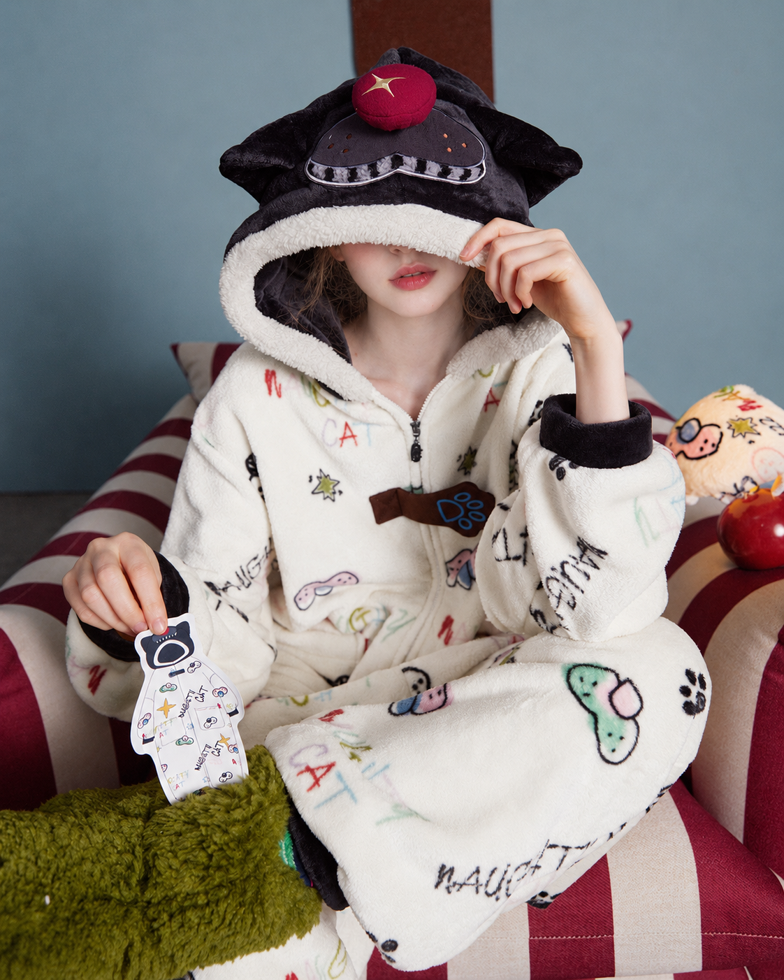 Doodlewhisk Cat-Doodle Hooded One-Piece Pajamas – lowered cat hood and chest detail - Roomden