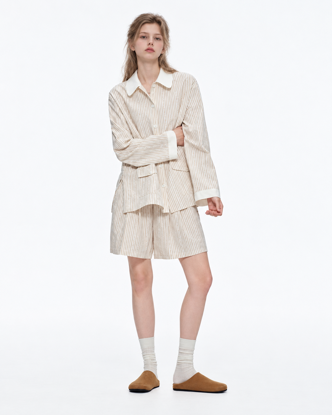 Ribbonhour White-Collar Striped Cotton-Blend Pajama Shorts Set – cream beige on-model view - Roomden