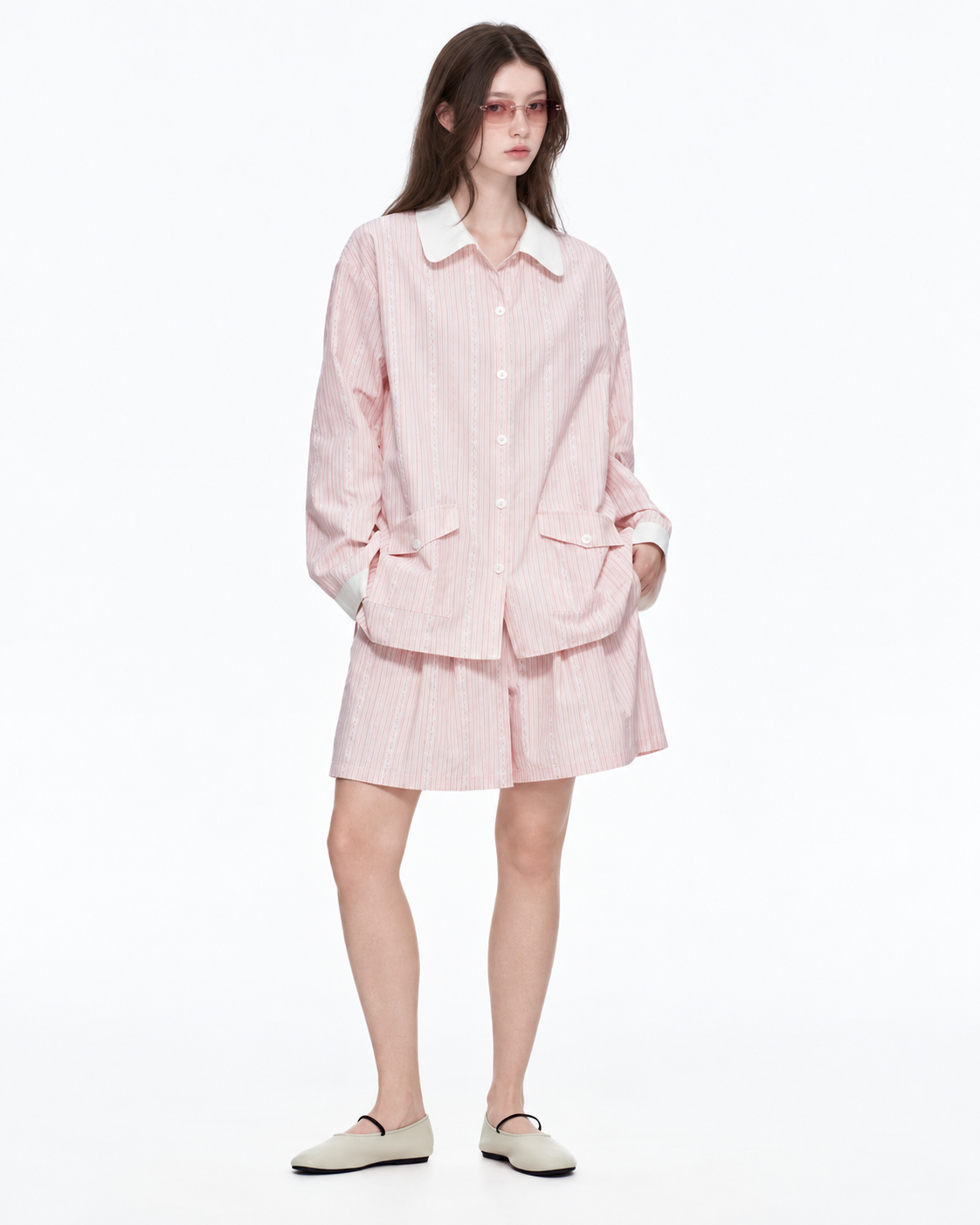 Ribbonhour White-Collar Striped Cotton-Blend Pajama Shorts Set – pink on-model view - Roomden