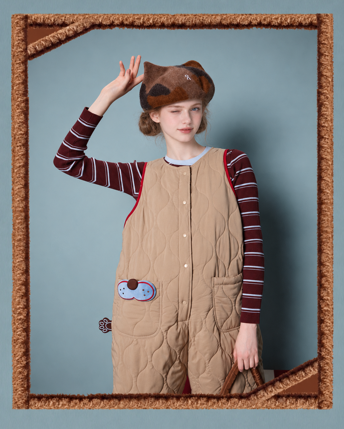 Cat Pocket One-Piece Pajamas – framed standing view with cat pocket - Roomden