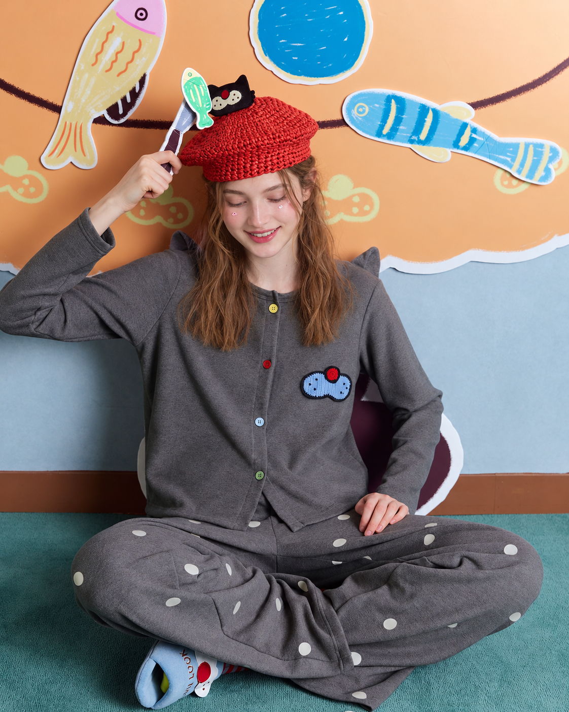 Cat-Ear Polka Dot Pajama Set – charcoal gray seated front view - Roomden