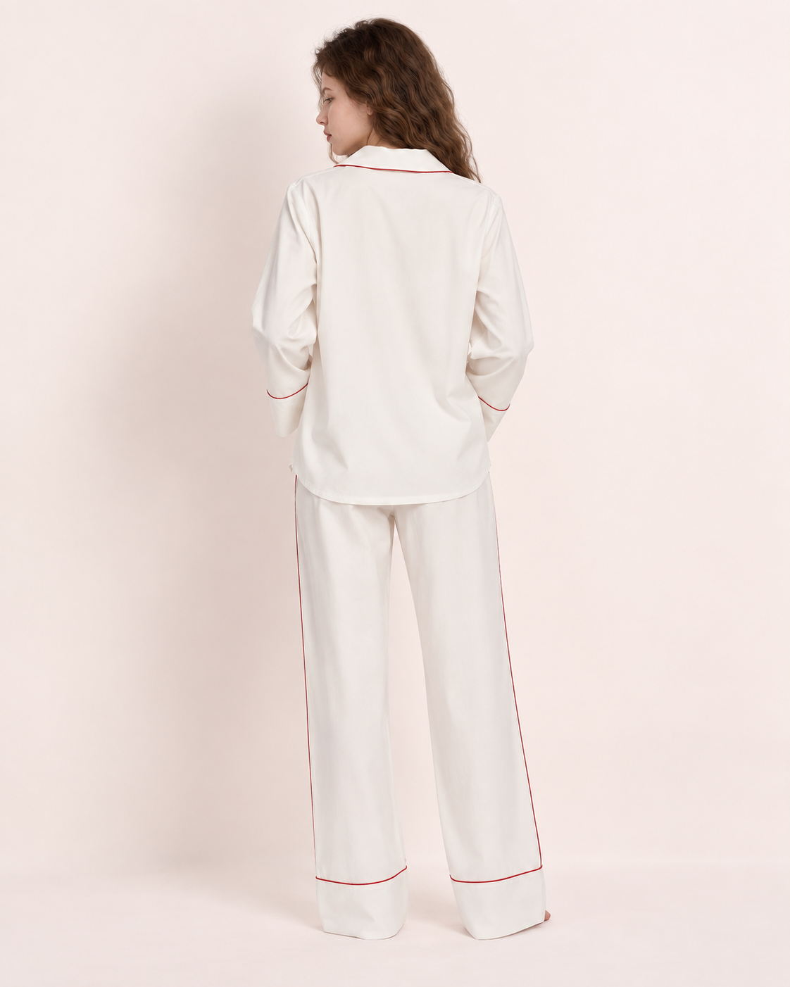 Linehaven contrast-piped pajama set in white, back view - Roomden
