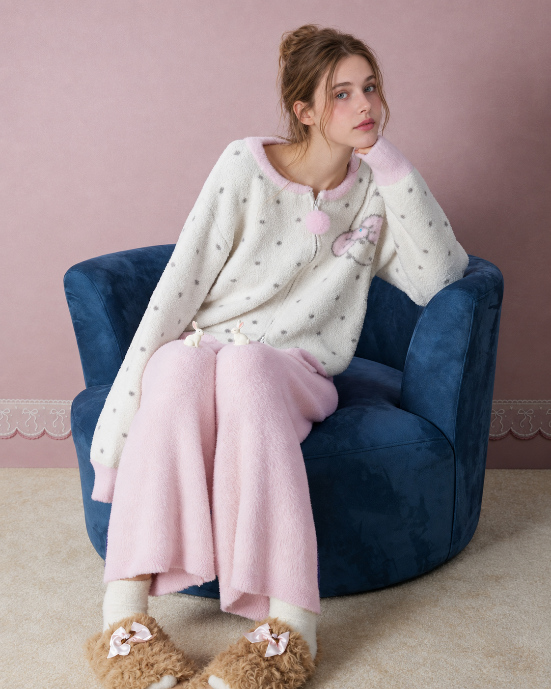 Pom-Pom Zip Fleece Pajama Set – hand-by-face chair view - Roomden
