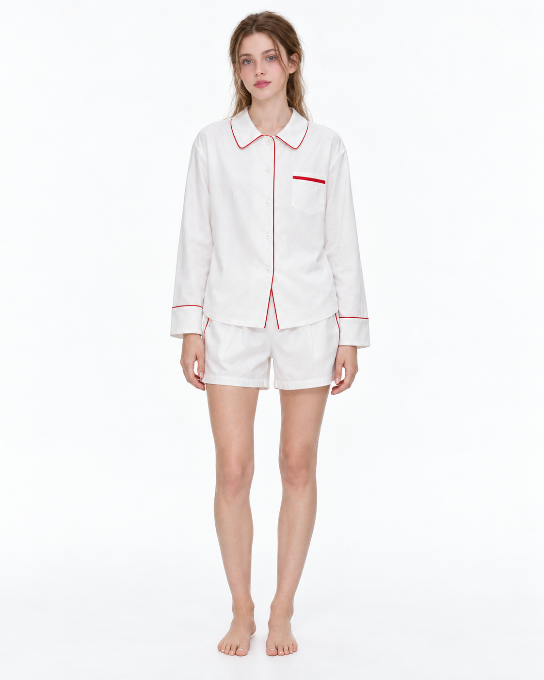 Linehaven contrast-piped pajama shorts set in white, front view - Roomden