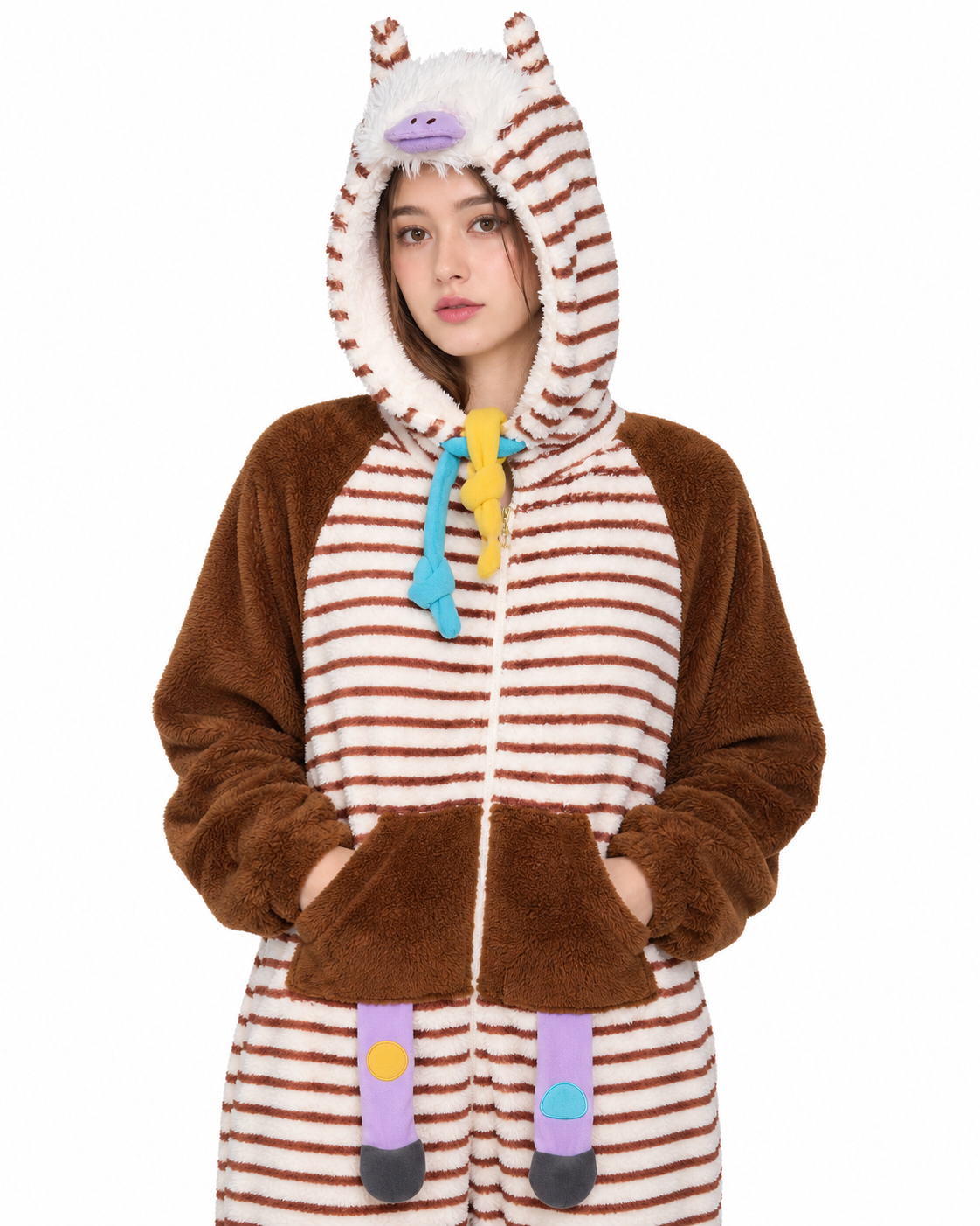 Striped Horse-Hood Onesie – horse hood and front pockets in white studio - Roomden