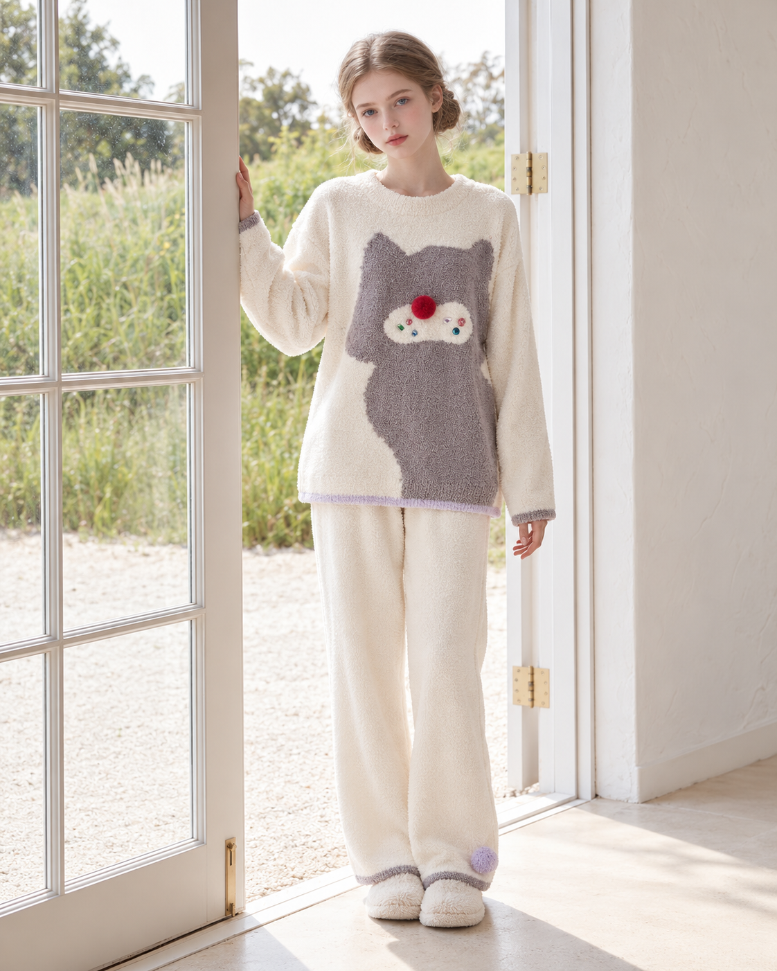 Ivory cat graphic pajama set – full-length pose by an open garden door - Roomden