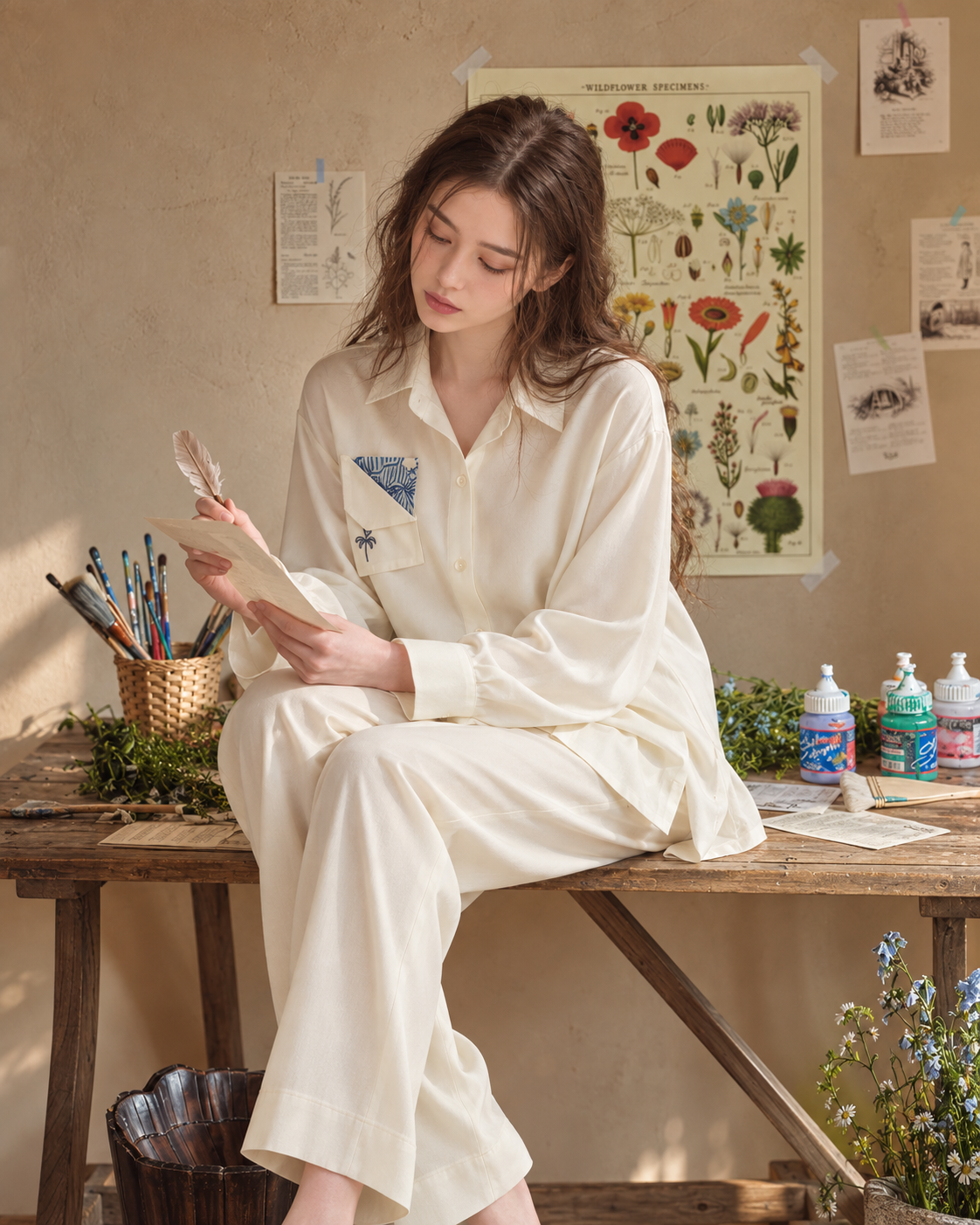 Inkshore botanical-pocket viscose pajama set in Milky White, seated on an artist worktable holding paper and a feather pen - Roomden