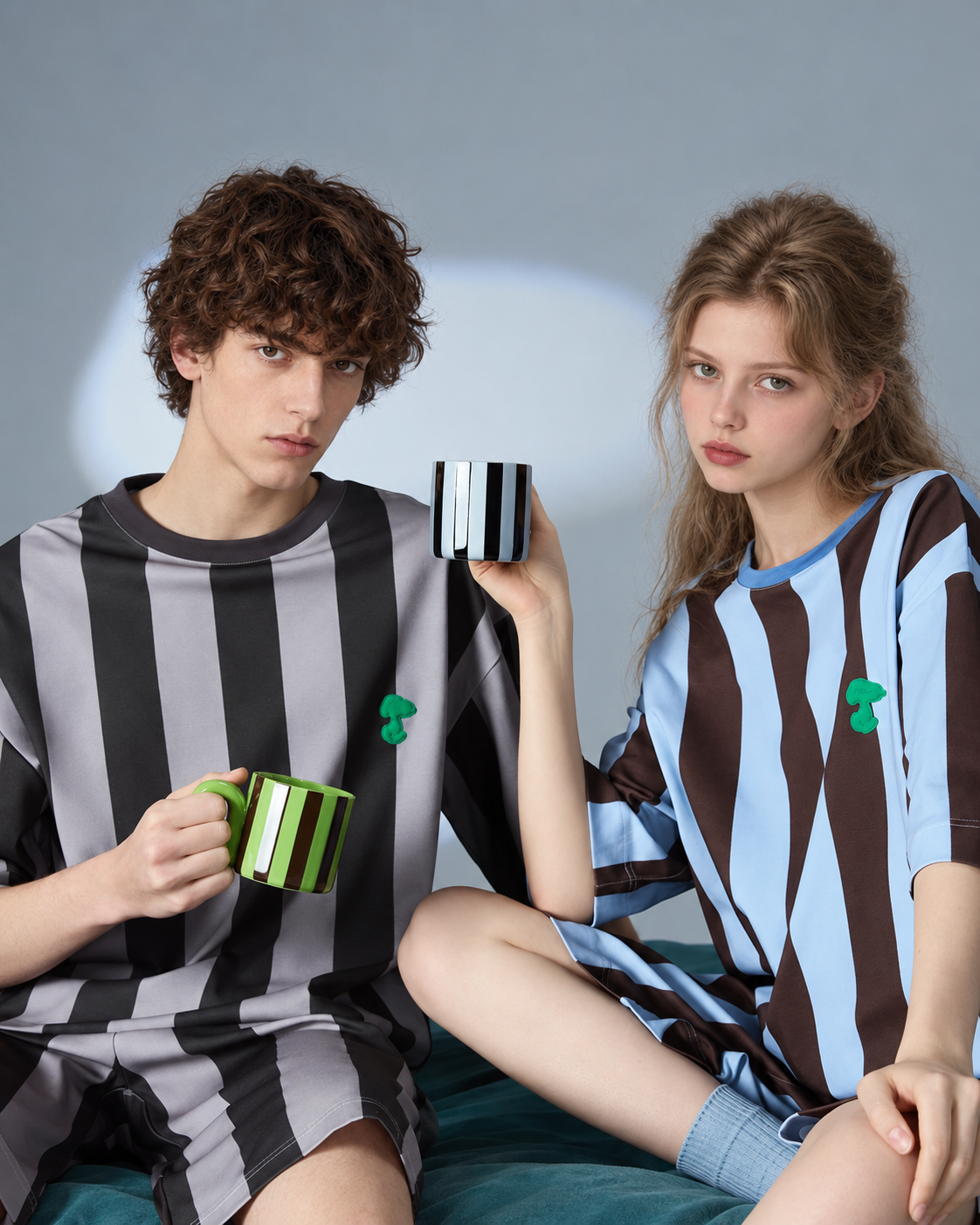 Cotton striped short-sleeve pajama set – Dark Gray Stripe, seated cup interaction close view - Roomden