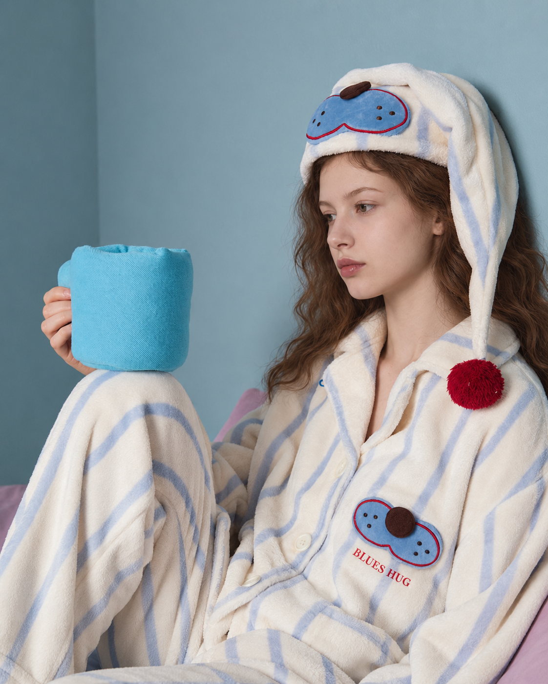 Striped Fleece Pajama Set – side seated view showing collar and chest motif - Roomden