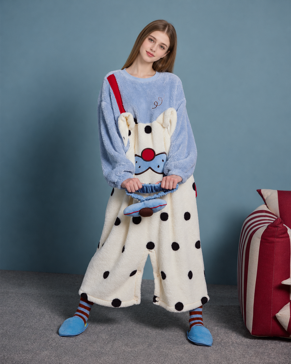 Cat Face Polka Dot Plush Onesie – blue and cream, front standing view - Roomden