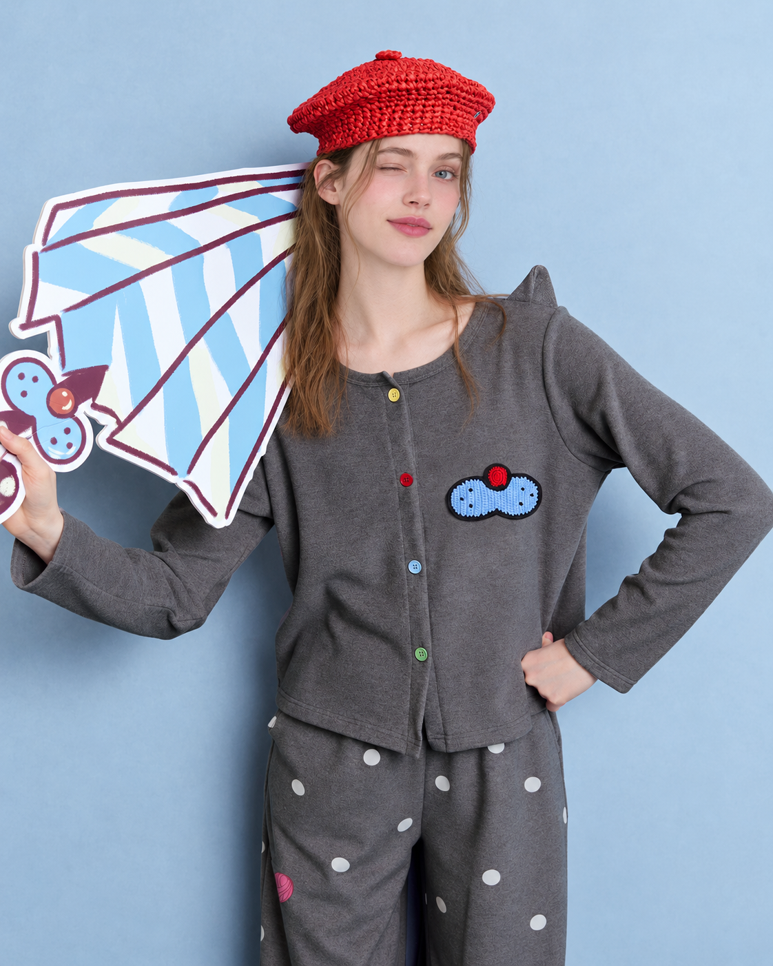 Cat-Ear Polka Dot Pajama Set – charcoal gray button-front top and waist view - Roomden