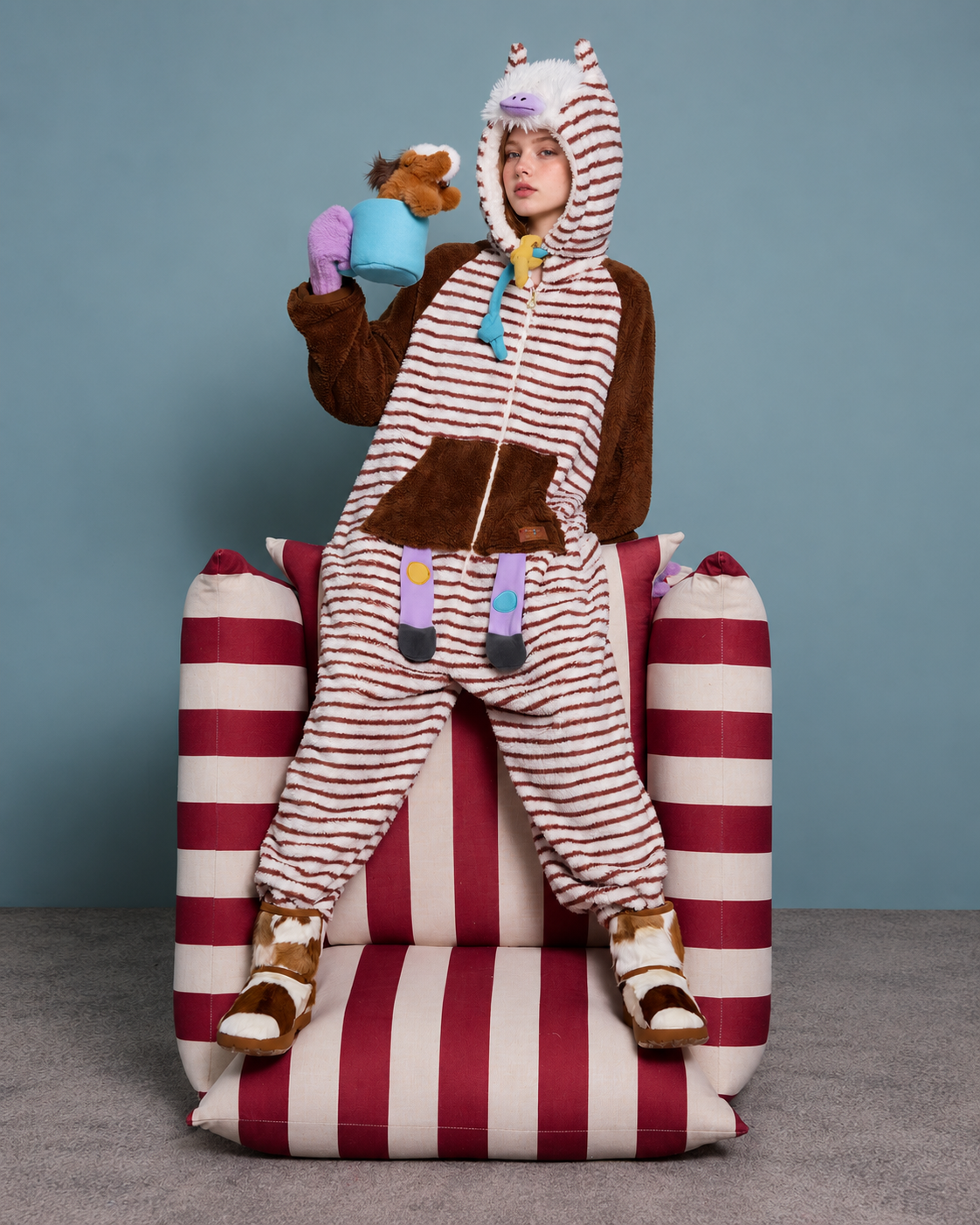 Striped Horse-Hood Onesie – brown and white standing on striped chair - Roomden
