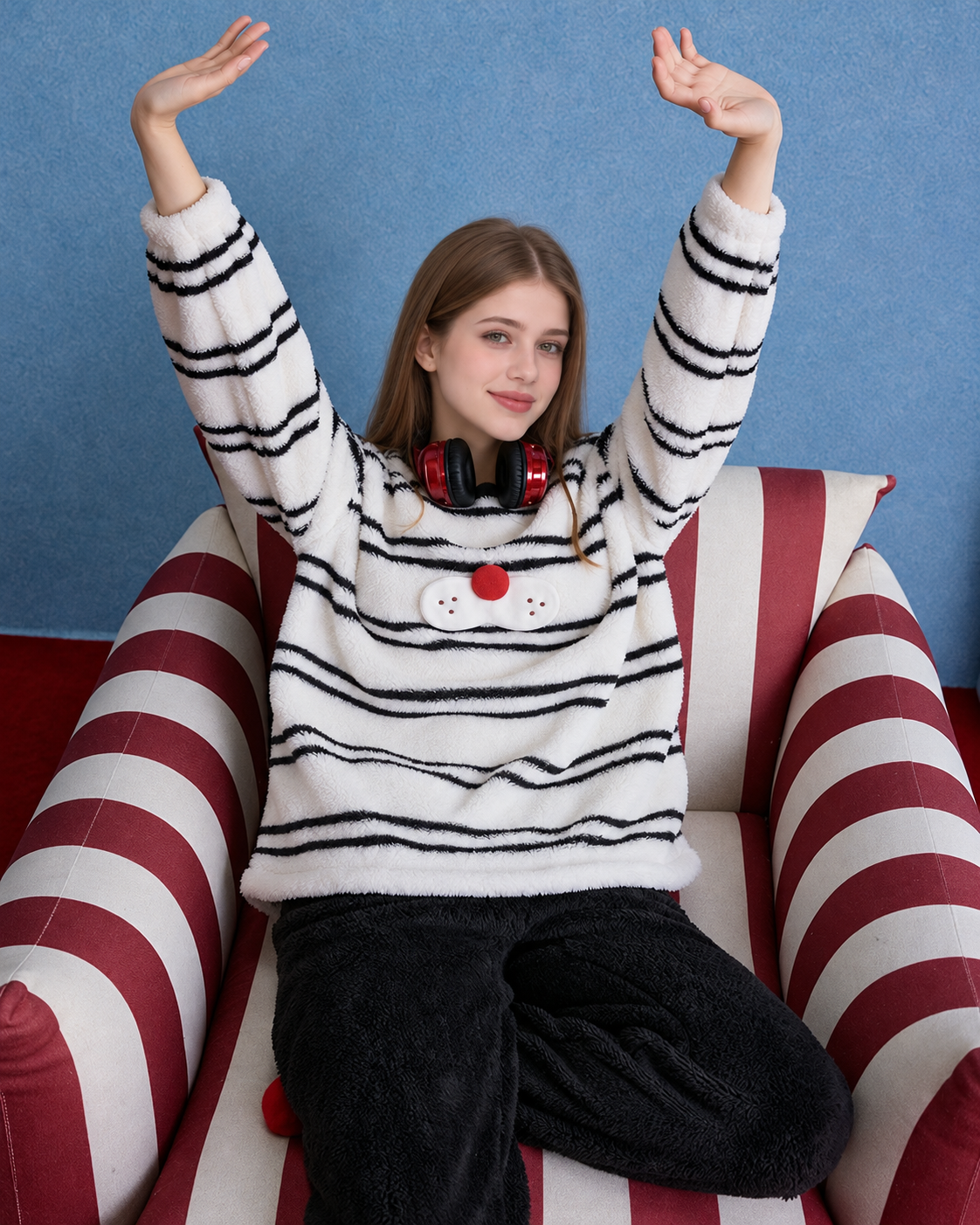 Whiskerbeat striped cat plush pajama set - Arms raised to show the striped sleeves - Roomden