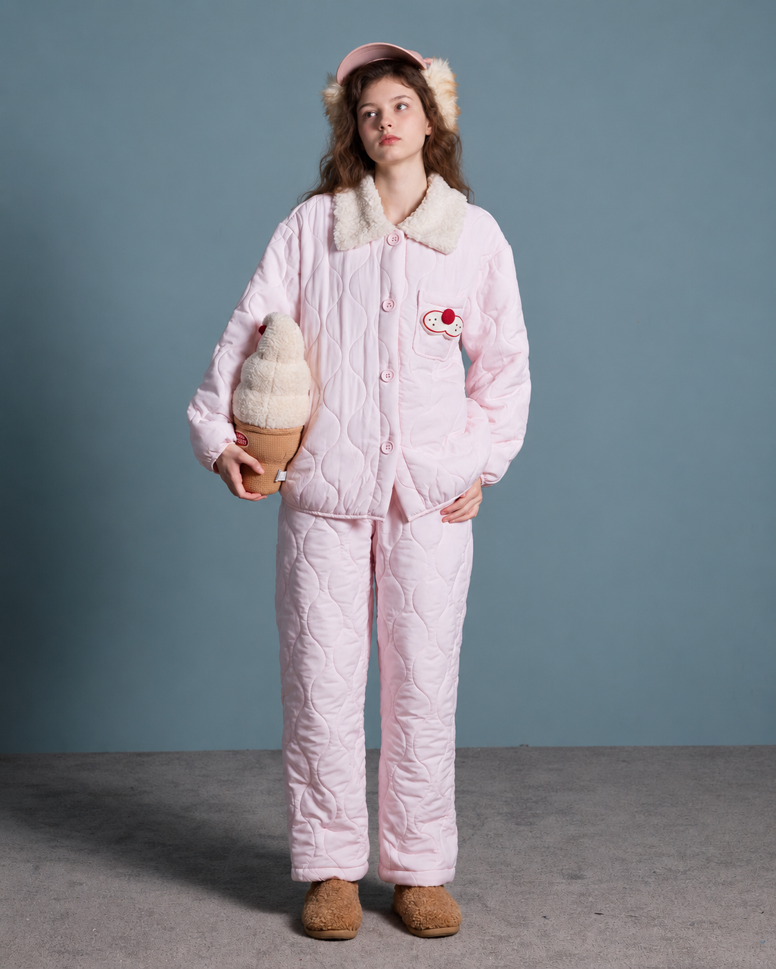 Cat Embroidery Quilted Pajama Set – pink full-length front view holding an ice cream prop - Roomden