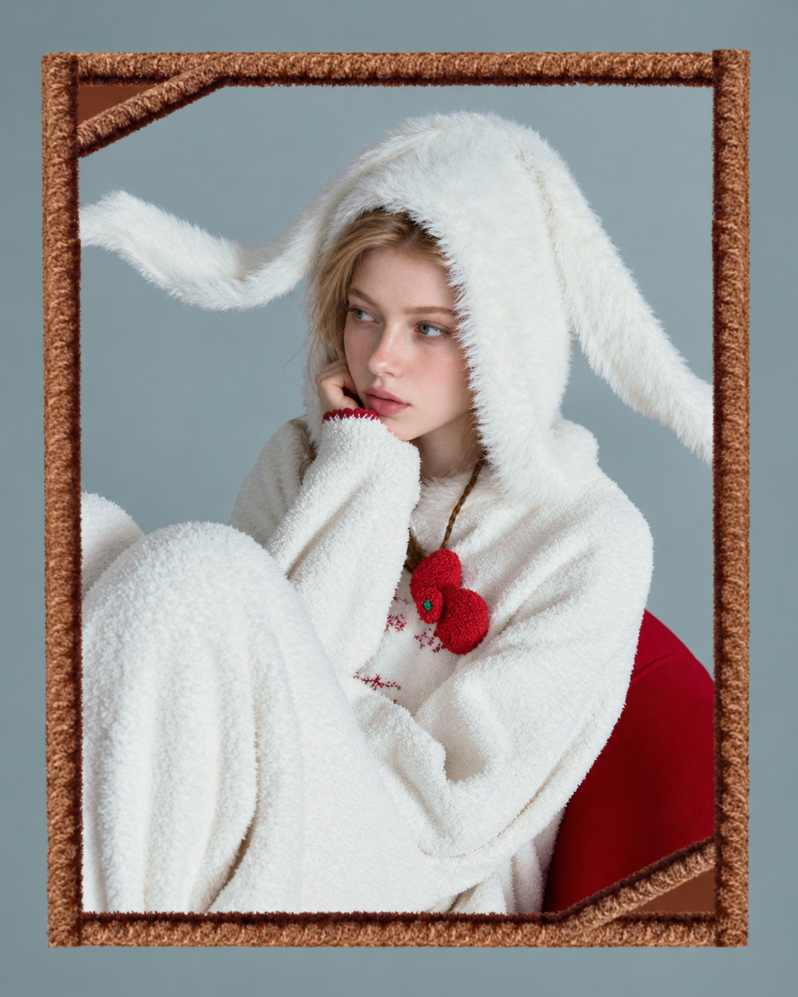 Red Bow Plush Pajama Set – ivory close-up in a textured frame - Roomden