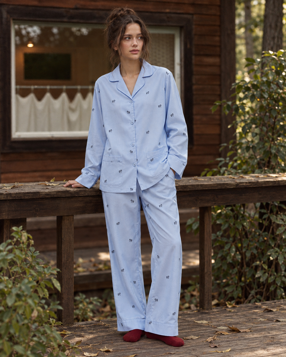 Embroidered cotton long pajama set in sky blue, additional lifestyle view - Roomden