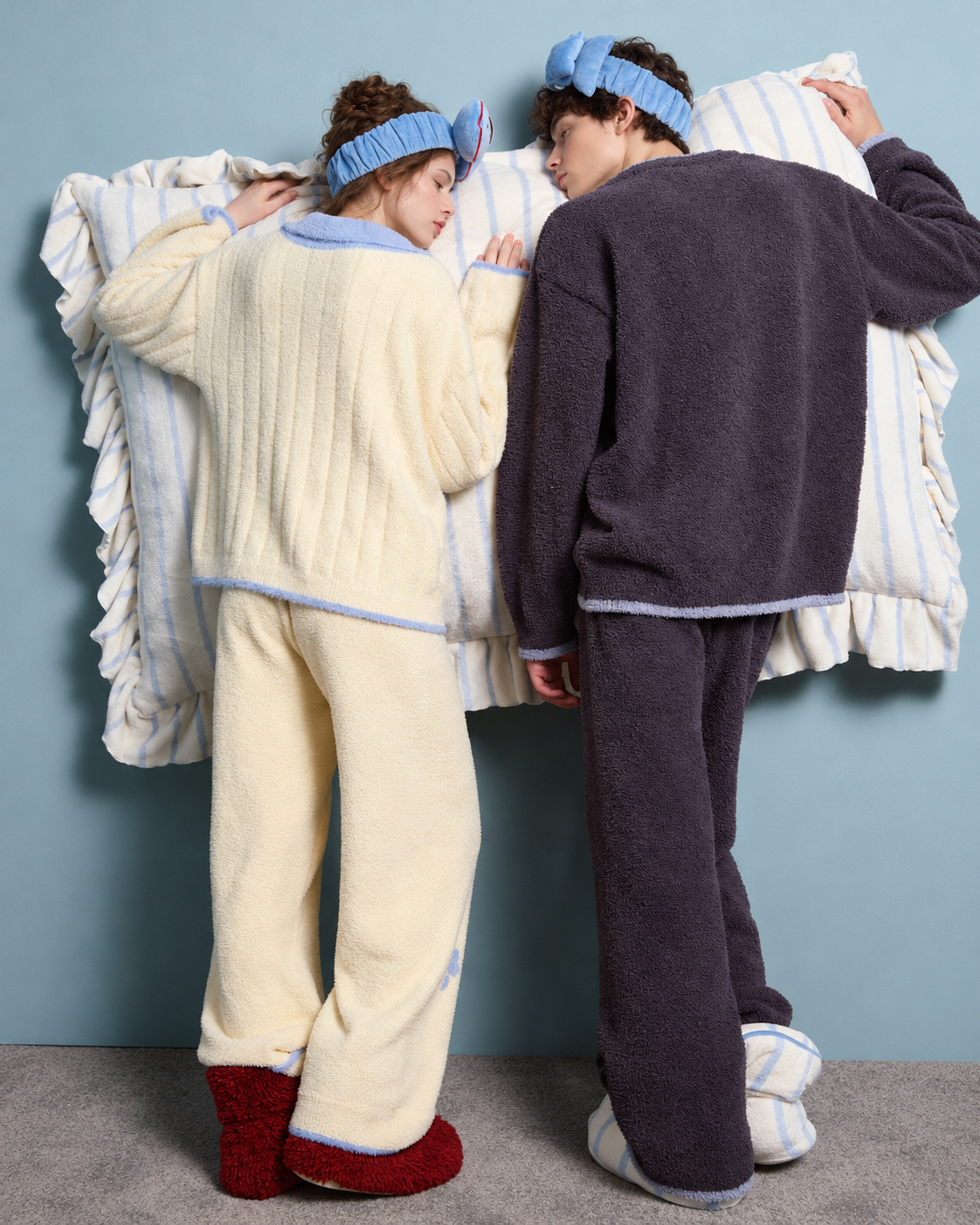 Men's fleece pajama set – dark gray full back view with blue trim - Roomden
