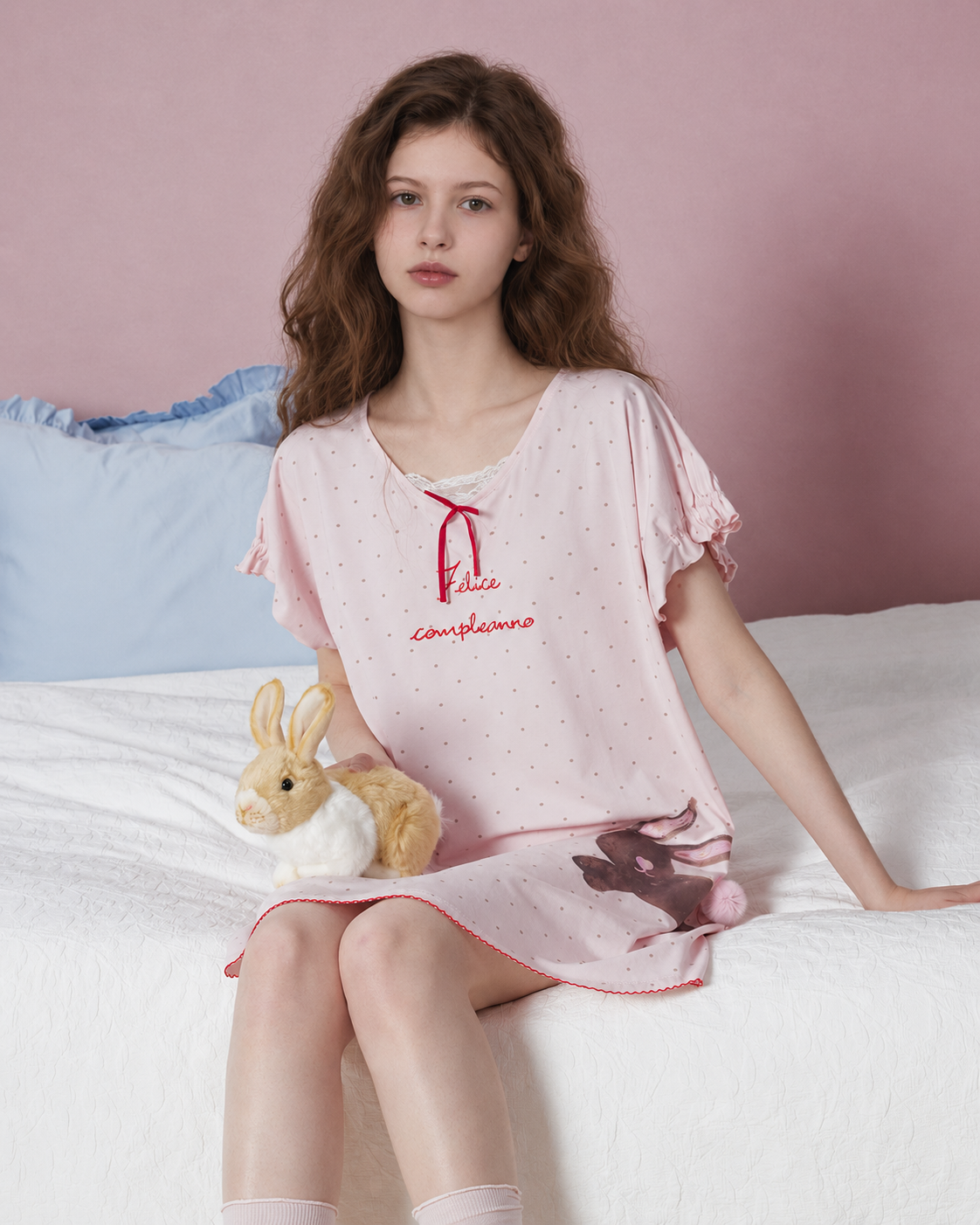 Bunny Print Cotton Blend Nightgown – blush pink seated holding a rabbit prop - Roomden