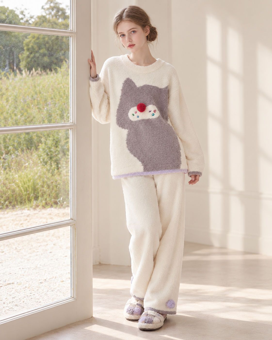 Ivory cat graphic pajama set – standing beside the window frame in soft daylight - Roomden