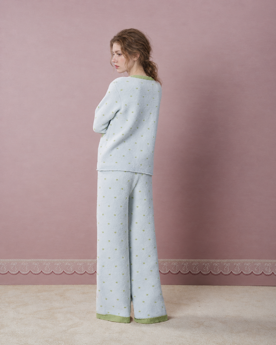 Fleece Three-Piece Pajama Set – Ice blue cardigan and trousers, standing back view - Roomden
