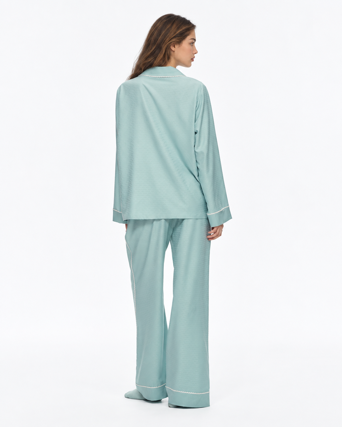 Picot-Trim Textured Long-Sleeve Pajama Set – green on-model view - Roomden