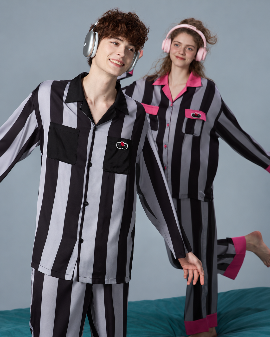 Men's striped pajama set – striped shirt shown in a headphones pose - Roomden
