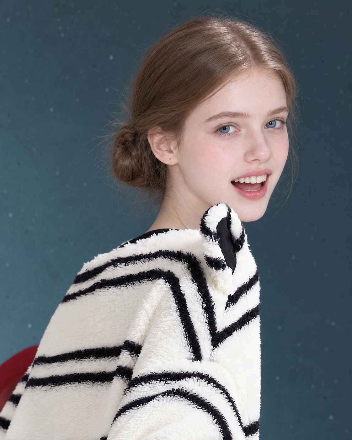 Whiskerbeat striped cat one-piece pajamas - shoulder ear side-back detail - Roomden