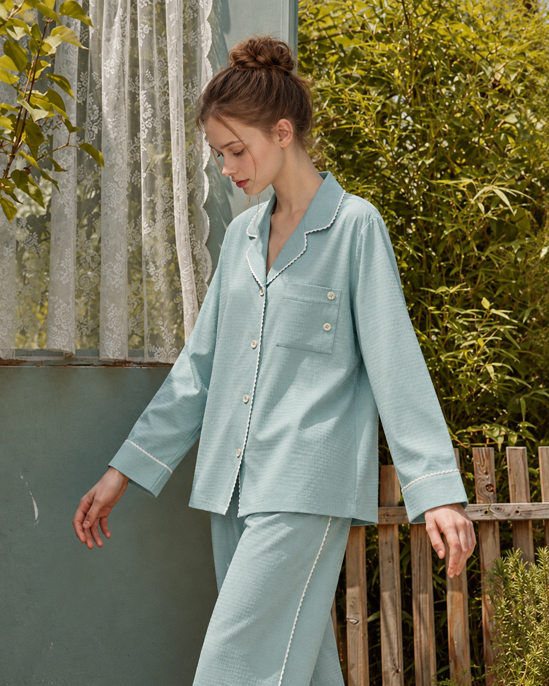 Picot-Trim Textured Long-Sleeve Pajama Set – green lifestyle view - Roomden