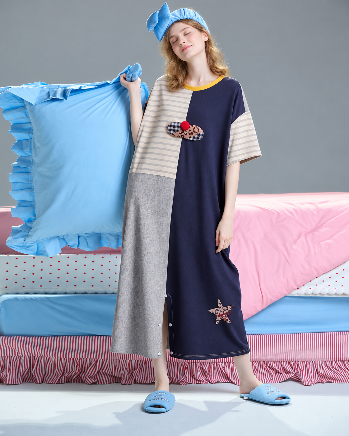 Gray and navy patchwork one-piece pajamas – full front view with cat applique - Roomden