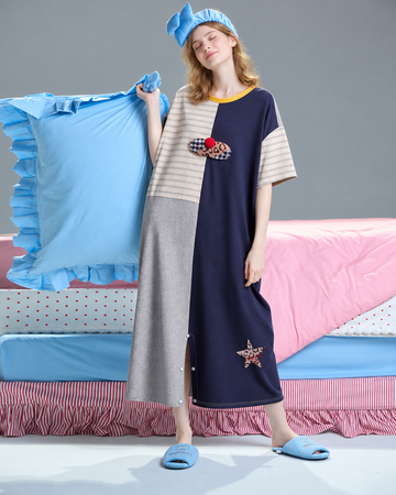 Patchwork Cat Cotton-Blend One-Piece Pajamas