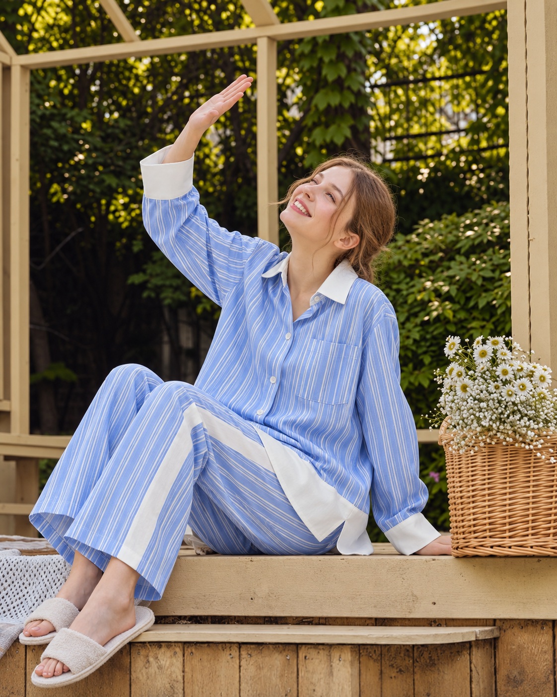 Ribbonhour Contrast-Trim Striped Viscose-Blend Pajama Set – blue lifestyle view - Roomden