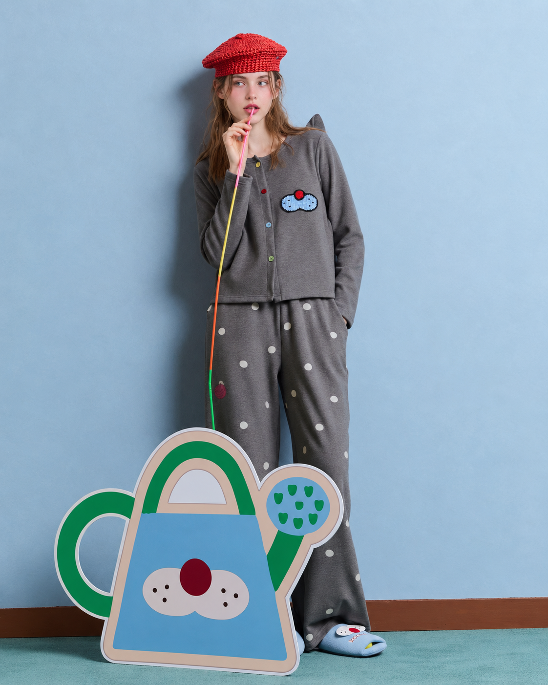 Cat-Ear Polka Dot Pajama Set – charcoal gray front standing view - Roomden